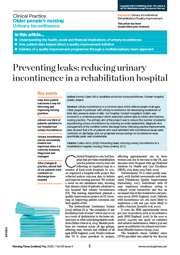 Preventing leaks - reducing urinary incontinence in a rehabilitation hospital. Nursing Times. 2025