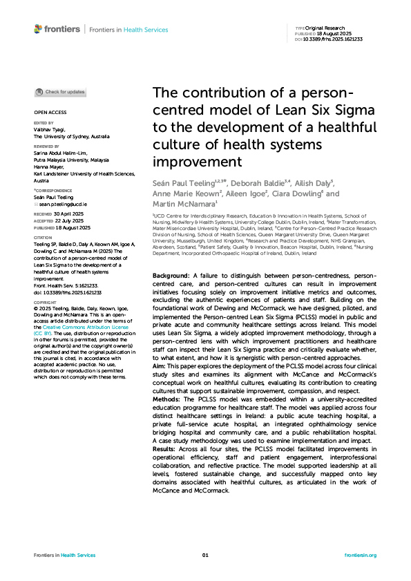 The contribution of a person-centred model of Lean Six Sigma to the development of a healthful culture of health systems improvement. 2025 Frontiers in Health Services